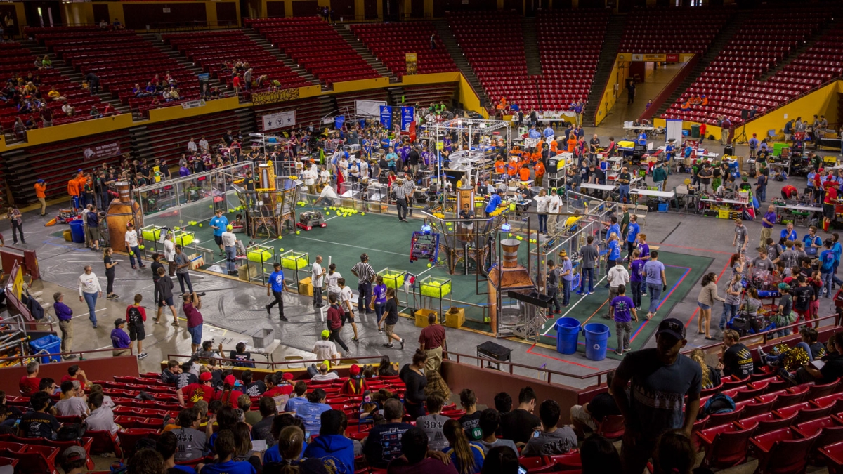 High school students compete in the FIRST Robotics Competition Arizona State Championship at Wells Fargo Arena in October 2017.