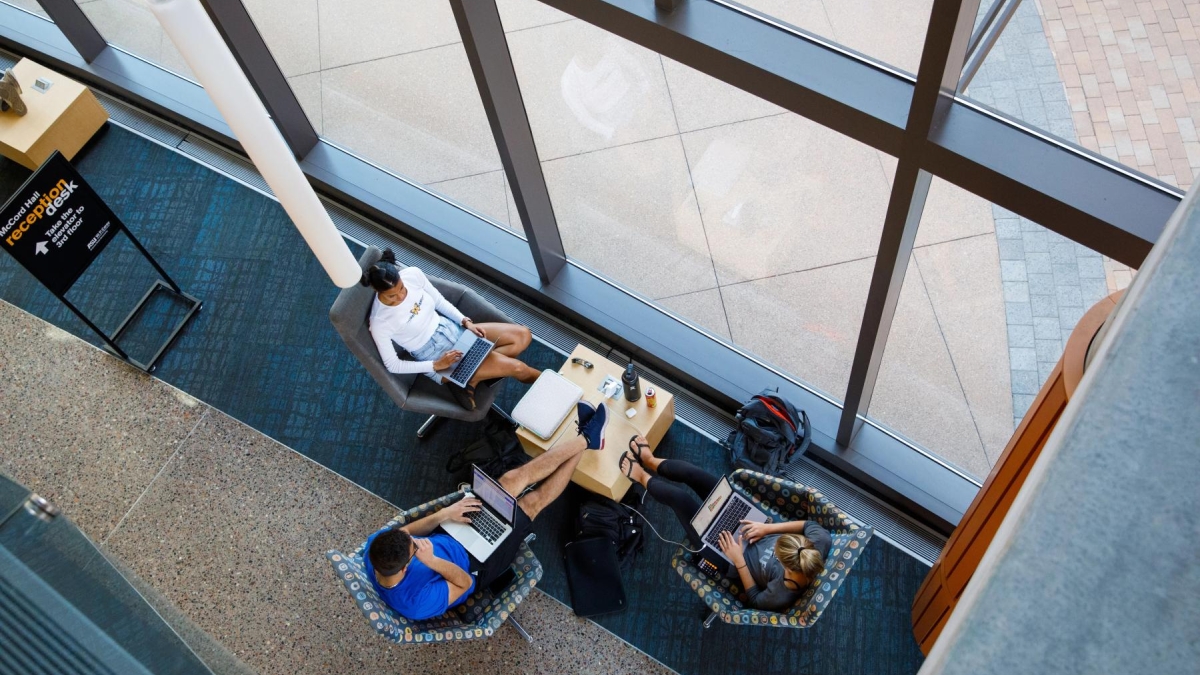 Aerial shot of students seated in a study space.
