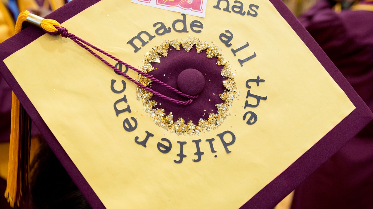 A graduate&#039;s mortarboard decoration speaks of their appreciation for ASU&#039;s dedication to students. This semester, the mechanical engineering faculty went above and beyond to help students prepare for the FE exam.