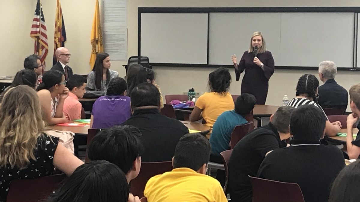 Phoenix Mayor Kate Gallego Speaks with Creighton district middle schoolers about service and leadership.