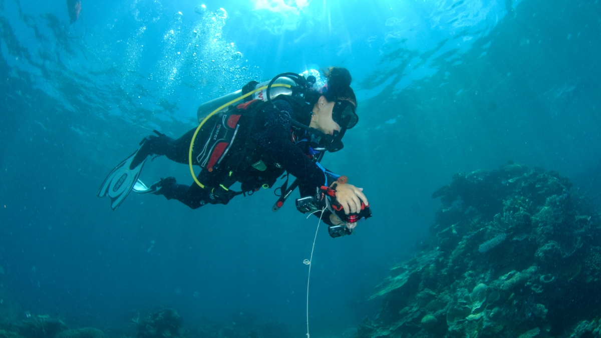 Dr. Alexandra Ordonez collects georeferenced reef data with GPS overhead. Credit: Chris Roelfsema