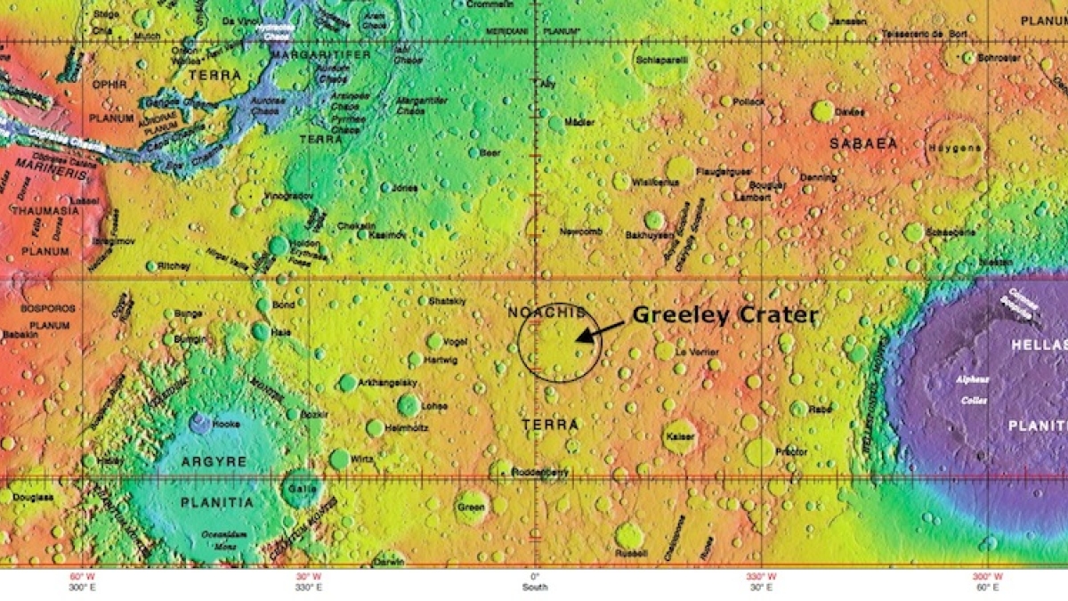 Greeley Crater&#039;s location on Mars