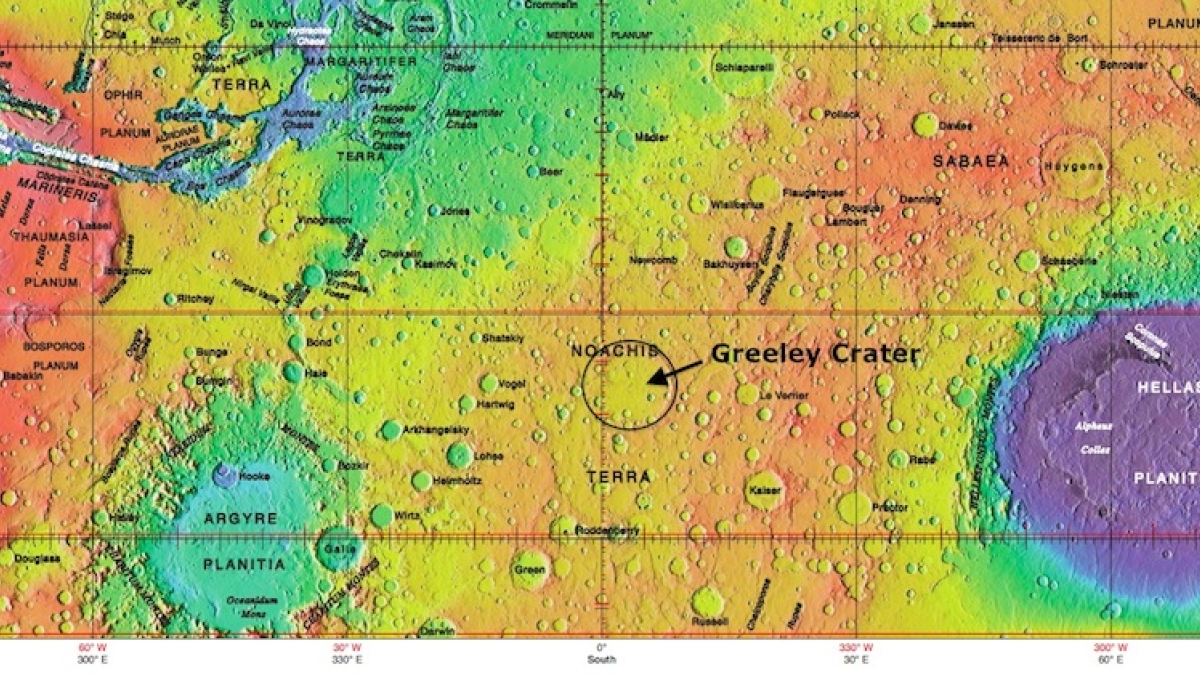 Greeley Crater&#039;s location on Mars