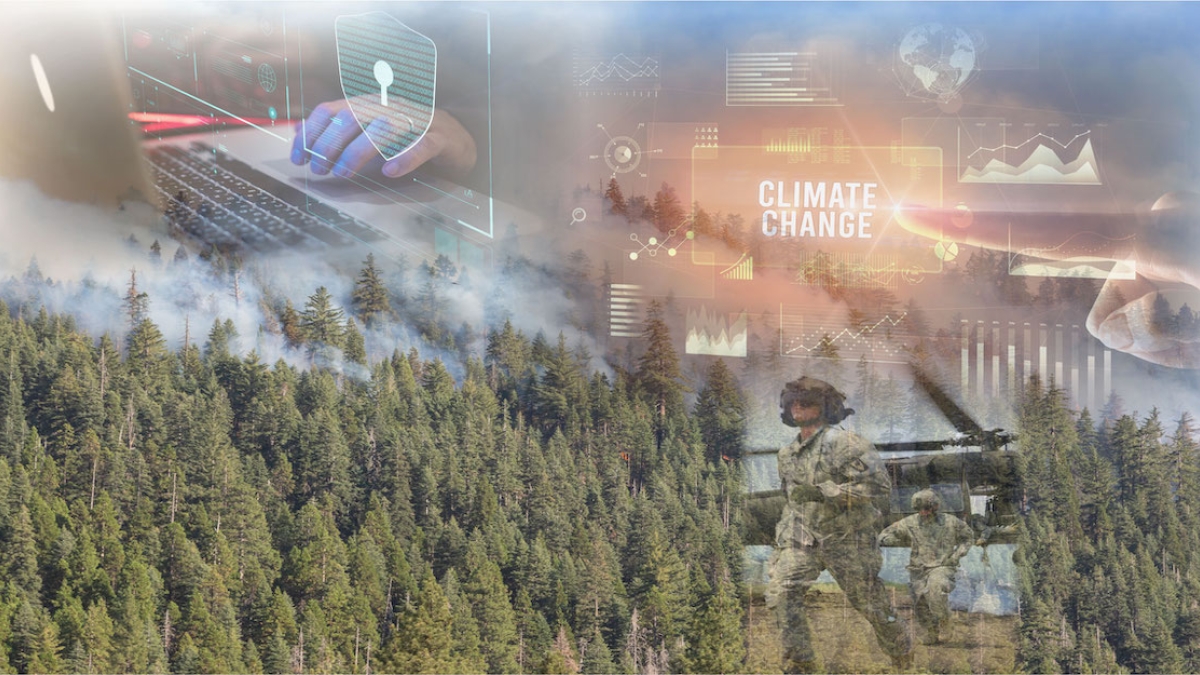 A photo collage depicting the impact of climate change, including forest fires, on the environment.