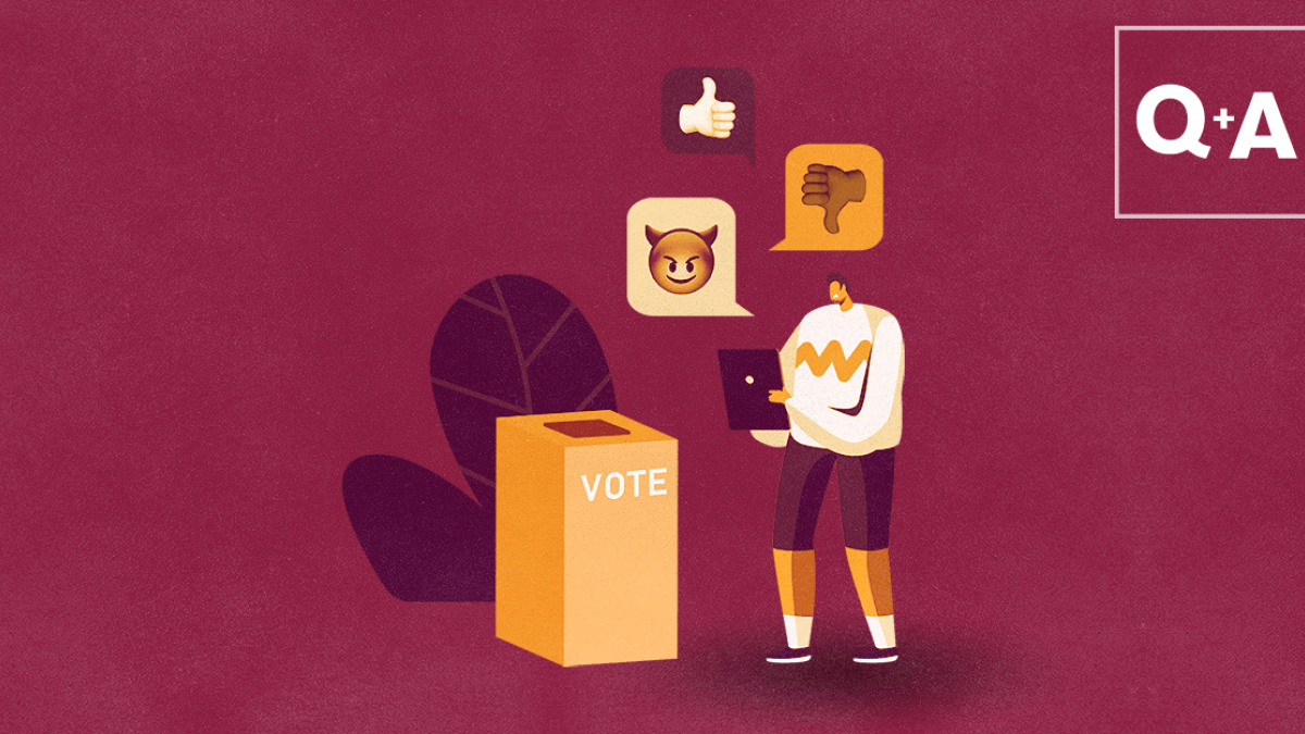 illustration of person near voting box surrounded by social icons