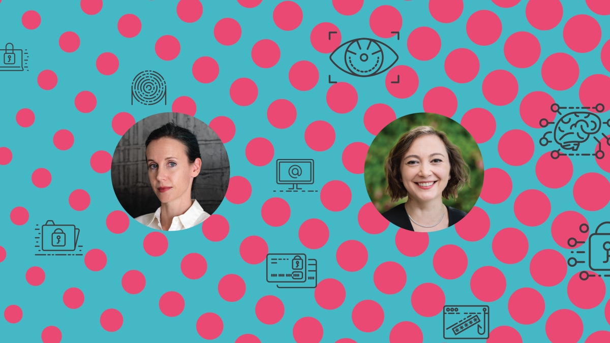 Portraits of ASU cybersecurity experts Jamie Winterton and Nadya Bliss overlaid on a blue background with pink dots and various doodles of images representing cybersecurity, such as a computer screen, a fingerprint and a credit card.