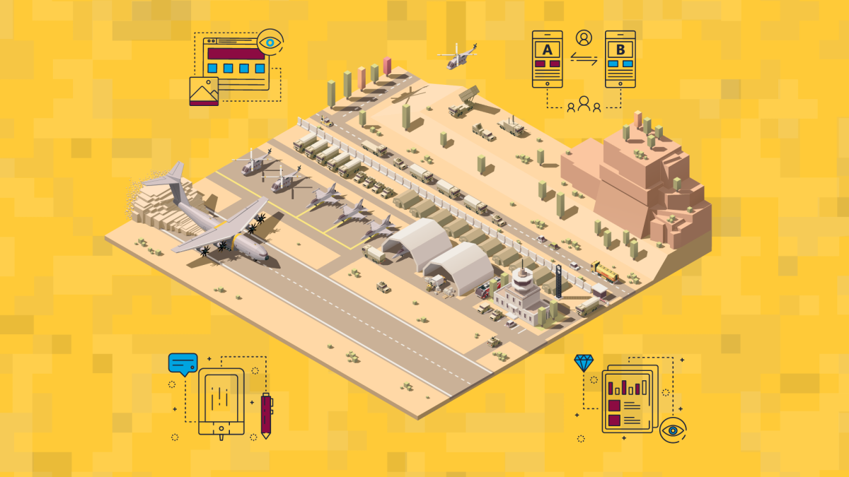 A graphic depicting a U.S. Air Force base and process improvements throughout its operations.