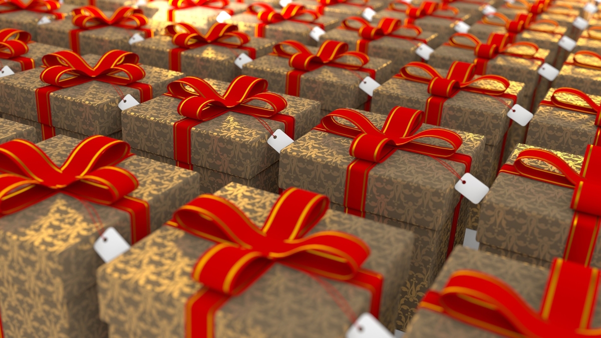 Rows of presents in gift wrap and bows.