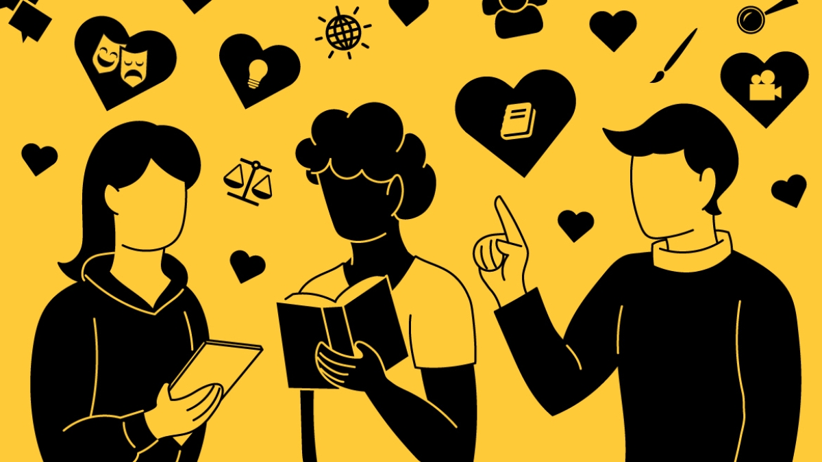 illustration of three people reading about the humanities
