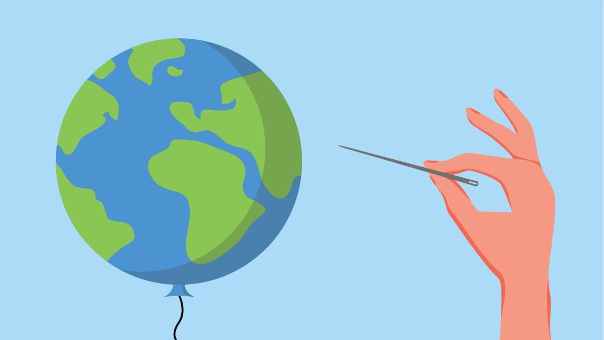 Illustration of hand holding needle poised to pop a balloon that looks like the globe