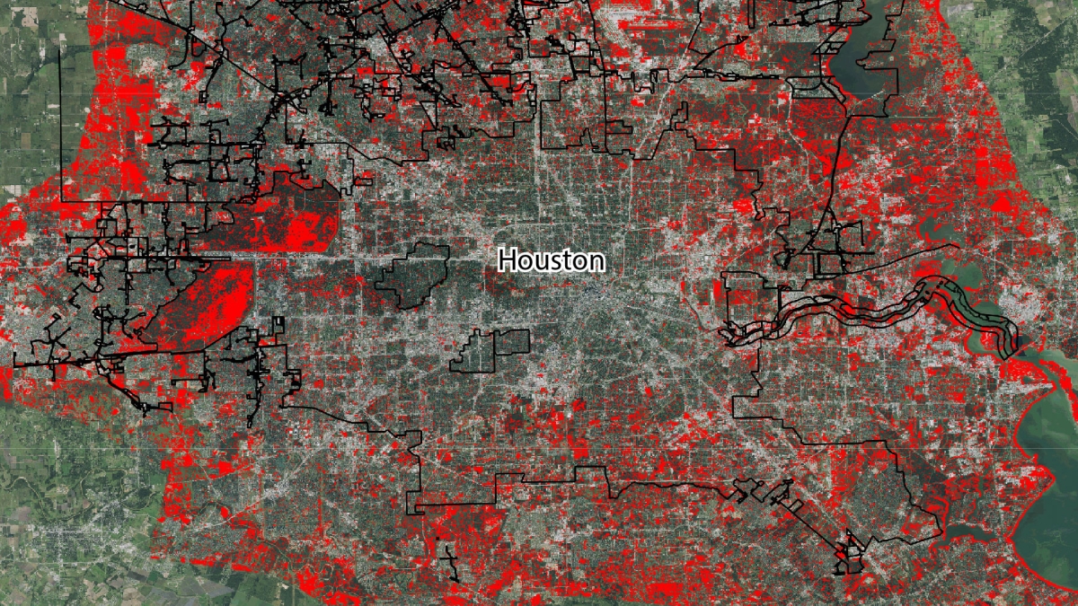 A map showing areas flooded in Houston after Hurricane Harvey