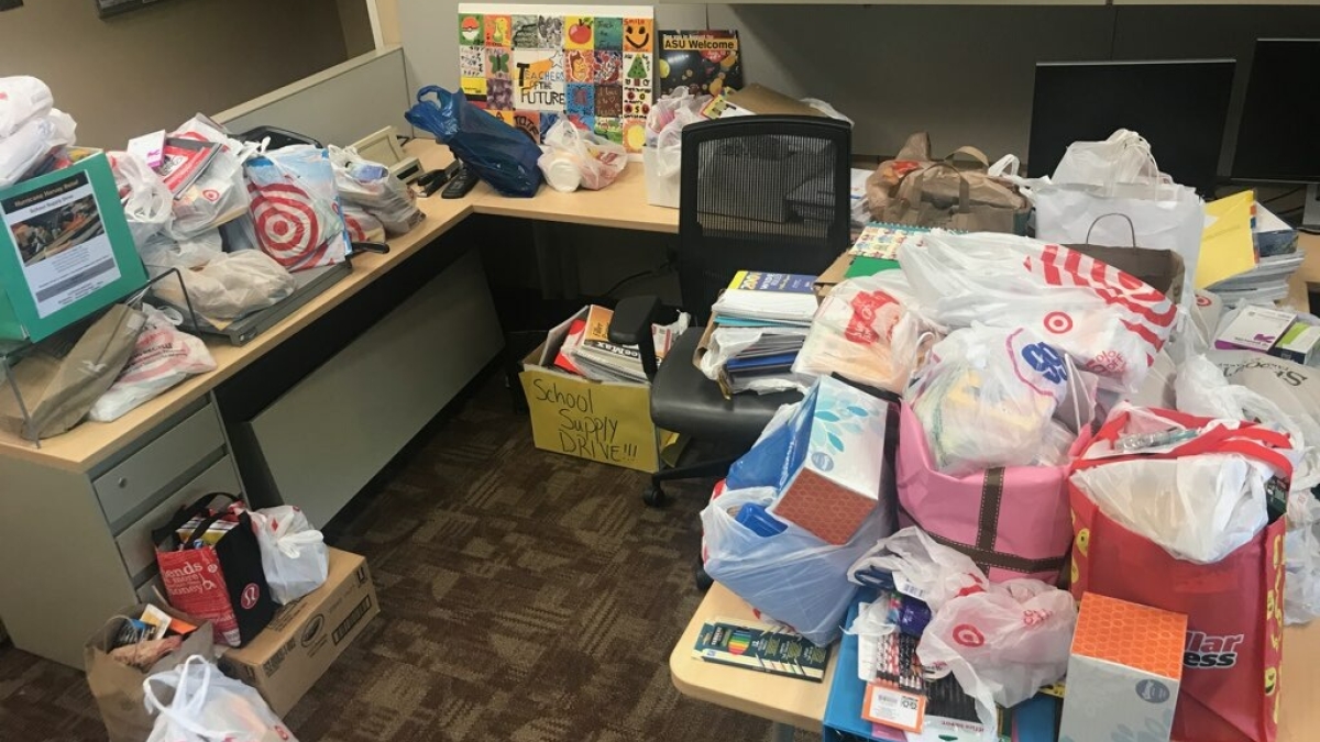 School supplies donated in a Hurricane Harvey drive at ASU
