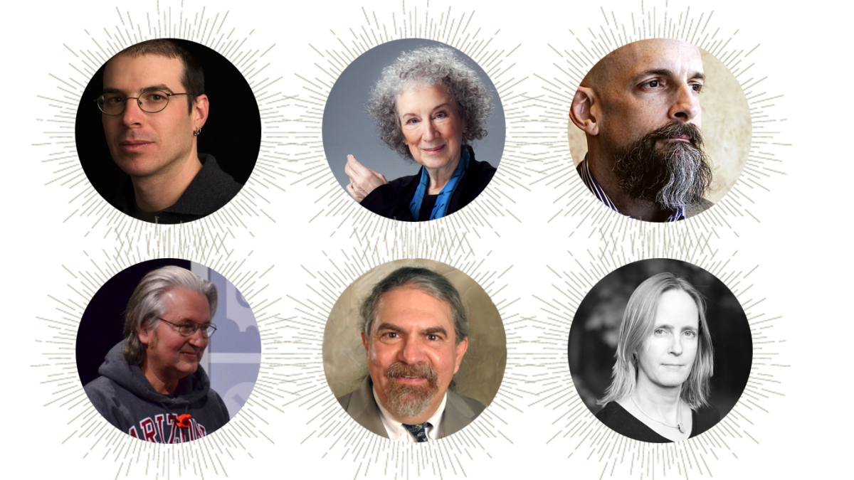Headshots for members of the Imaginary College: Paolo Bacigalupi, Margaret Atwood, Neal Stephenson, Kathryn Cramer, Donald Marinelli, and Bruce Sterling.
