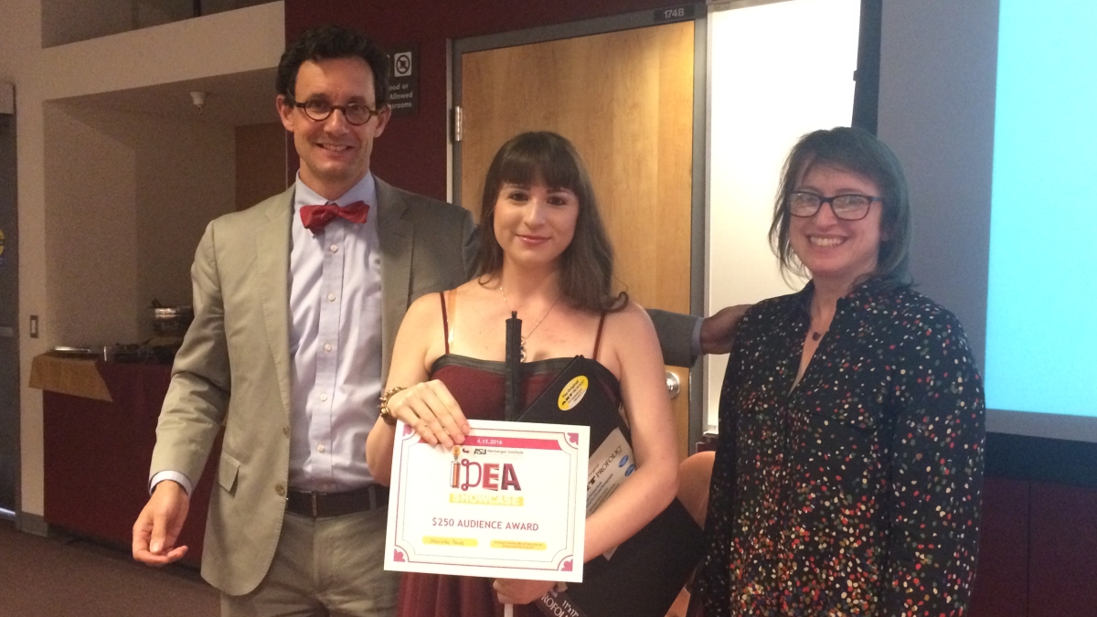 Last year's IDEA Showcase Audience Choice Award winner, Marieke Davis, is flanked by Herberger Institute Dean Steven J. Tepper and Linda Essig, director of the Herberger Institute Enterprise and Entrepreneurship Programs.