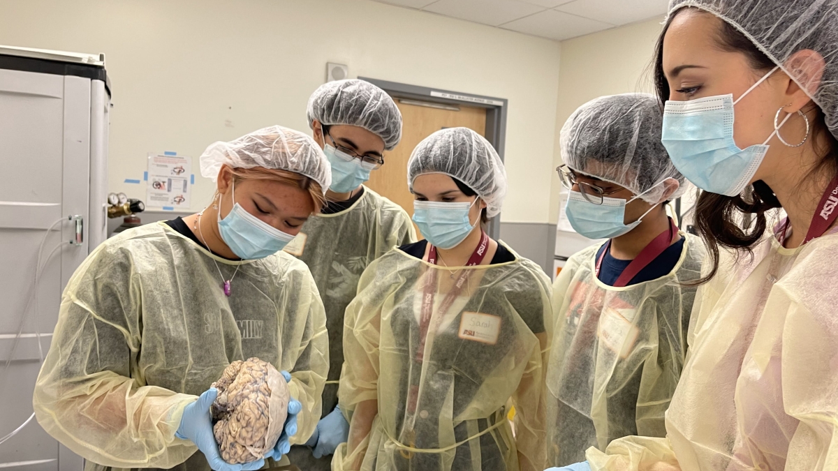 High school seniors wearing surgical coverings, face masks and gloves look on as one of them handles a human brain.