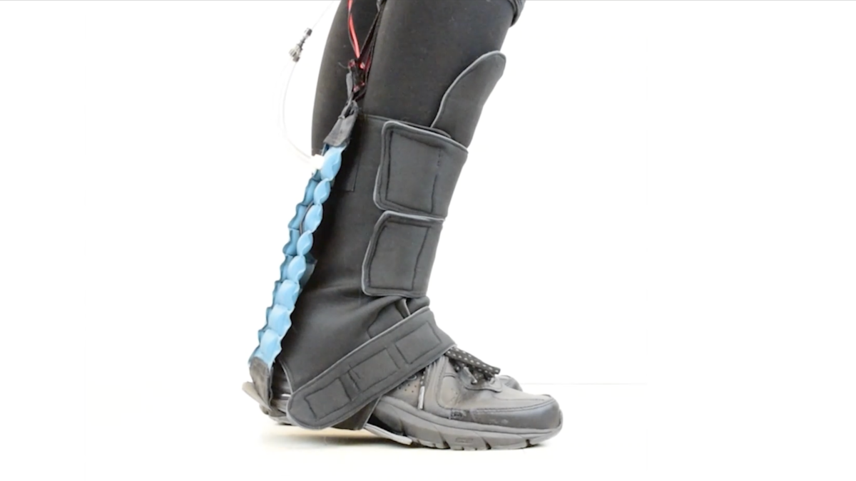 soft robotic exosuit on a lower leg and foot