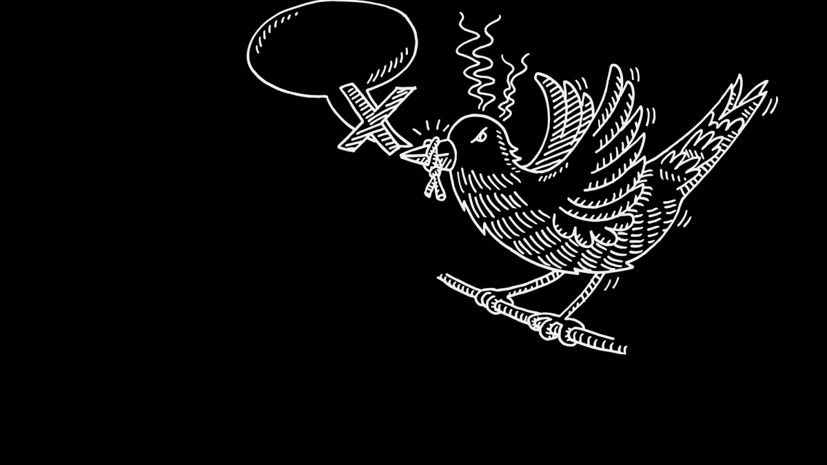 illustration of bird with speech bubble and bird's beak tied
