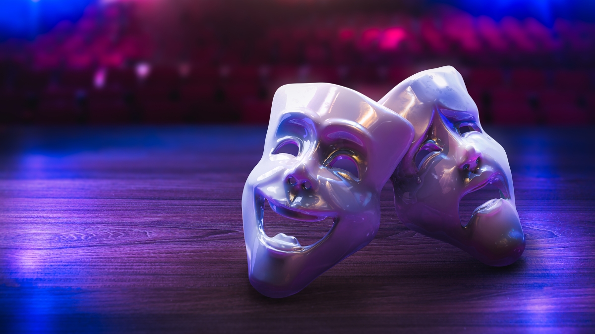 Theater masks, drama and comedy on a dark background / 3D Rendering