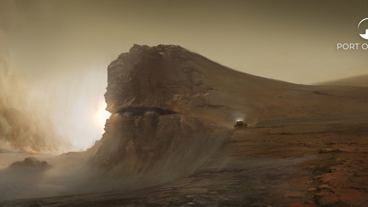 A scene from the game Port of Mars showing a mountain and desert-like landscape. 