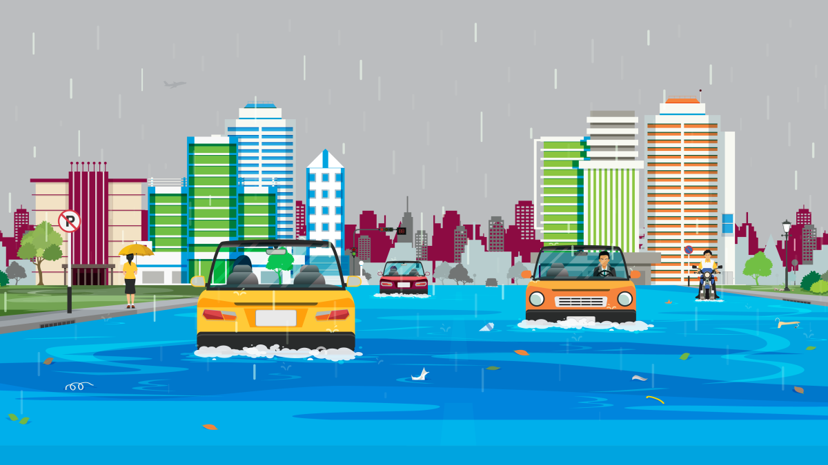 Colorful illustration of cars driving on a flooded road in an urban setting