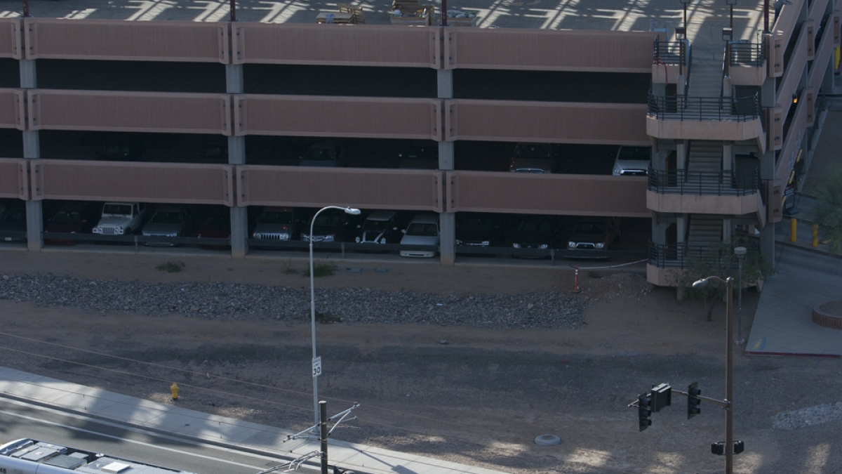An an aerial image of solar panels atop the Stadium Parking Structure.