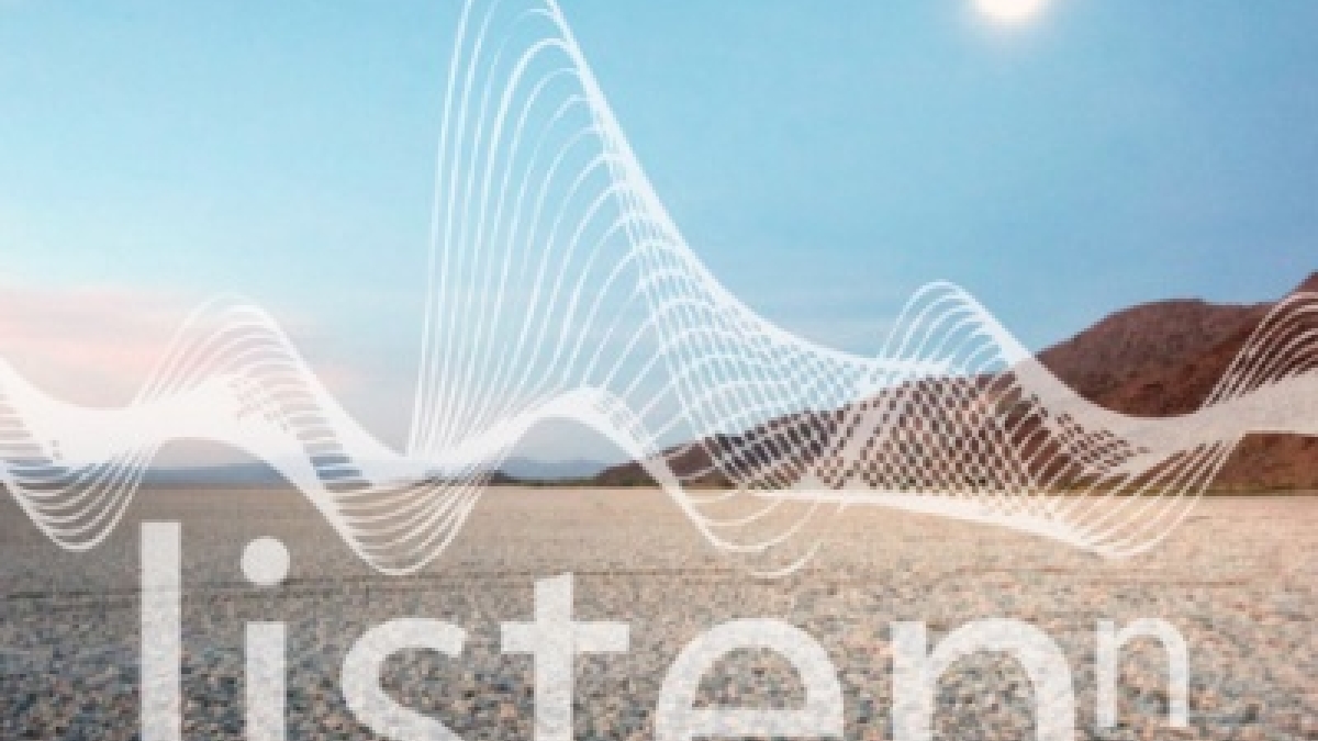 Poster for the Listen(n) Symposium, featuring a pristine desert lanscape