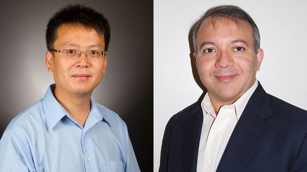 portraits of ASU engineering professors Yongming Liu (left) and Pedro Peralta