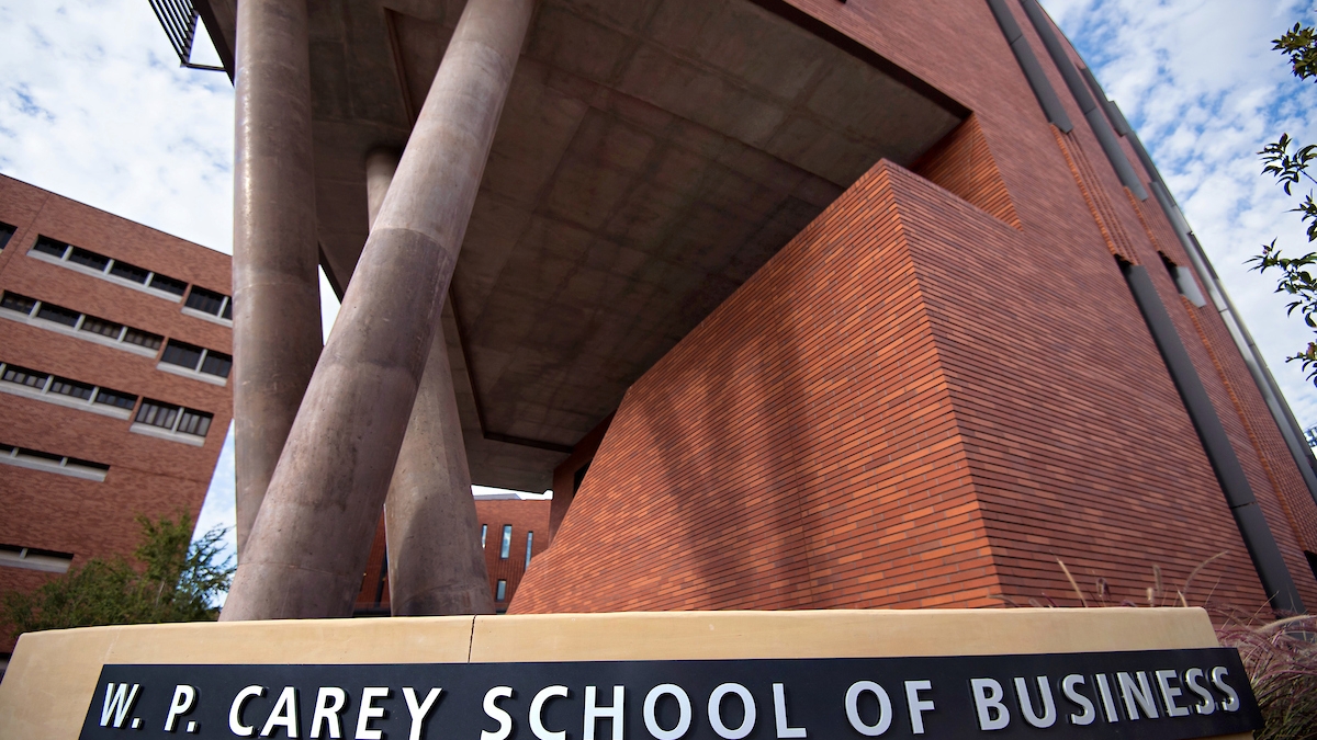 Exterior of the W. P. Carey School of Business building at Arizona State University.