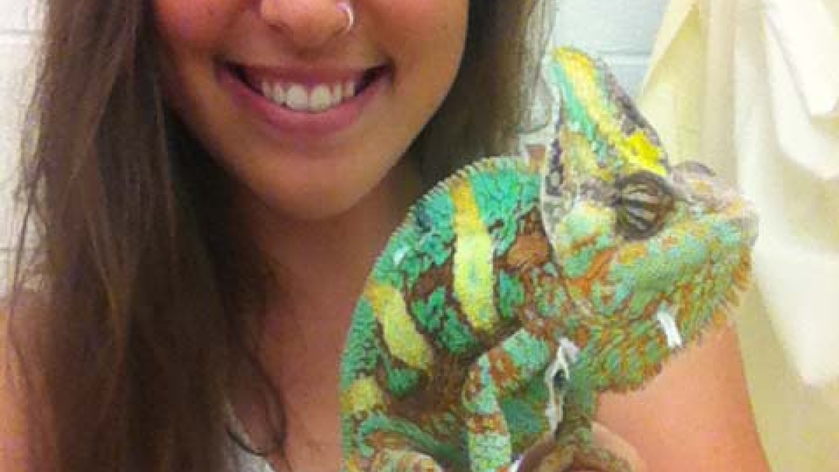 ASU student Megan Best holding a chameleon