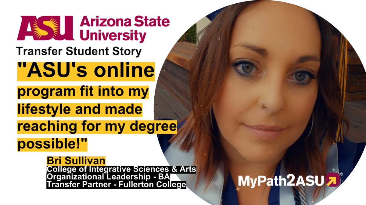 Portrait of ASU transfer student Bri Sullivan next to text that reads, "ASU's online program fit into my lifestyle and made reaching for my degree possible!"