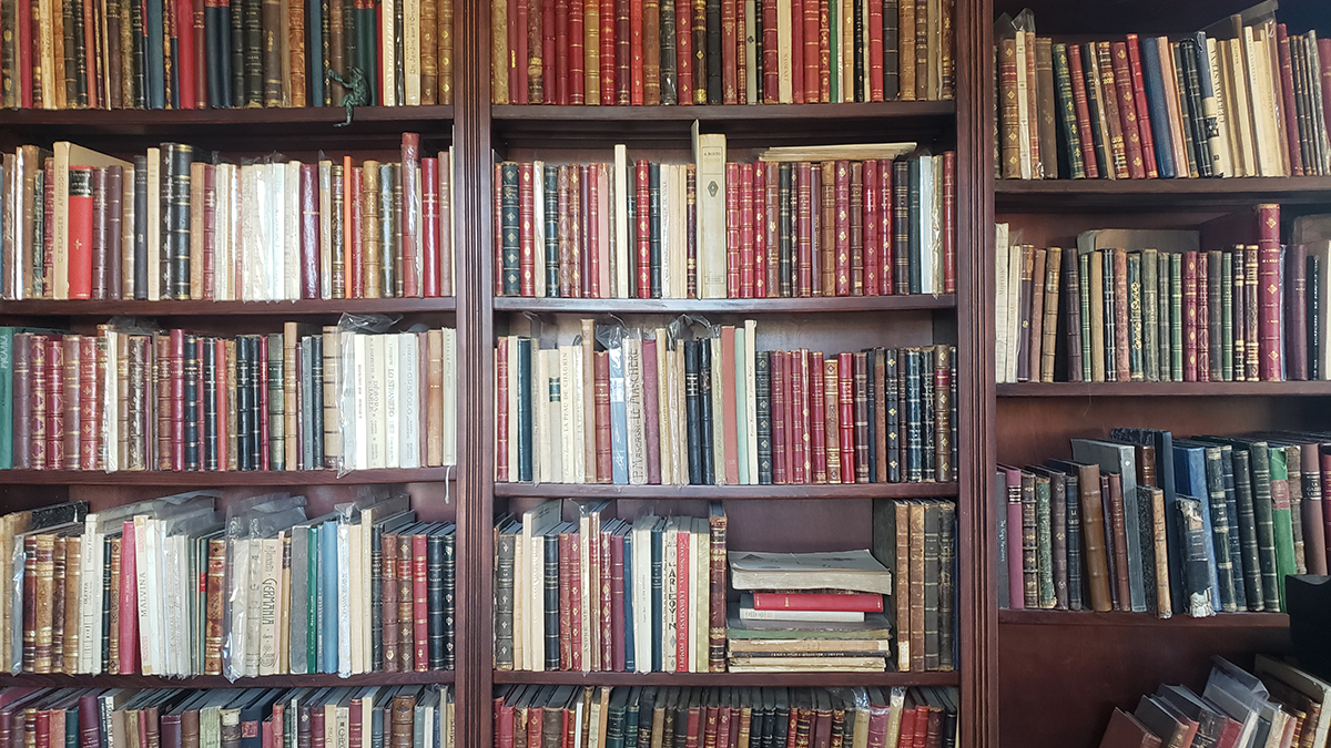 walls of shelves stacked with books