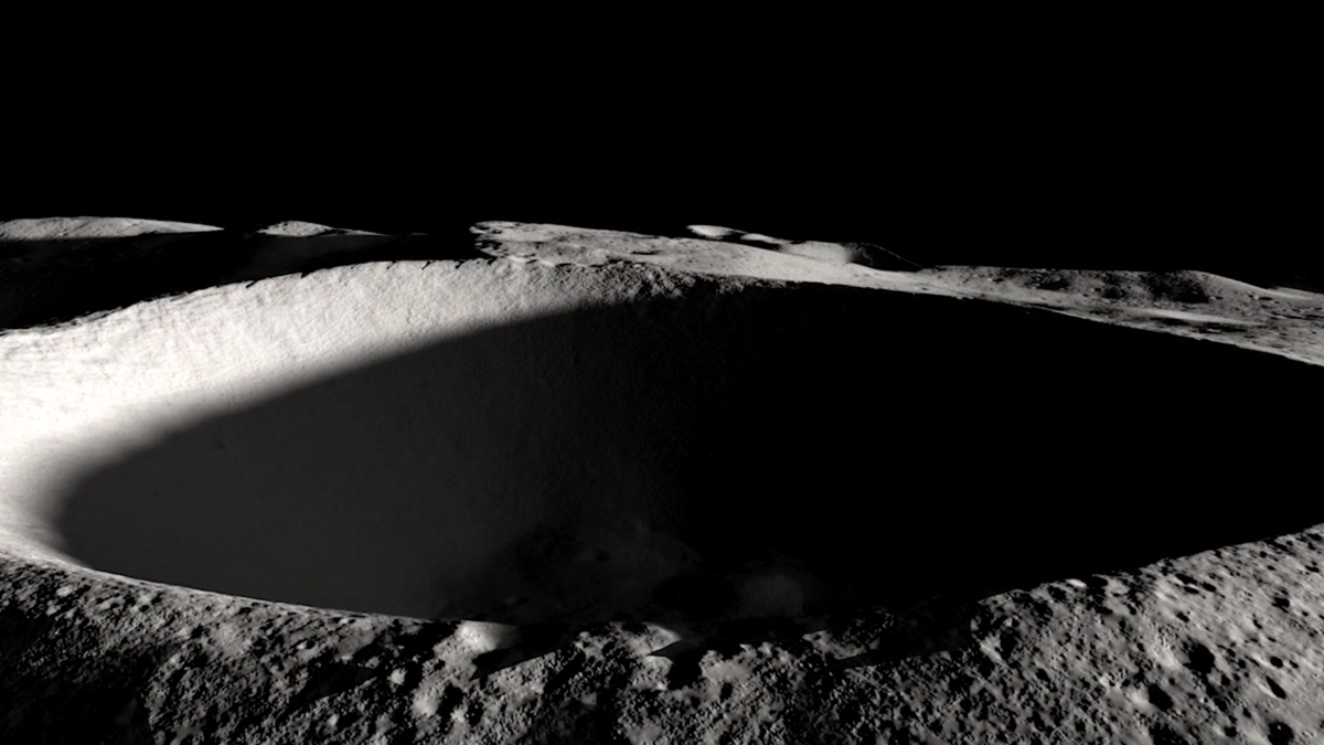 Rendering of a dark moon crater