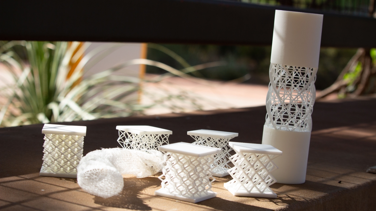 A collection of 3D-printed structures on a table.