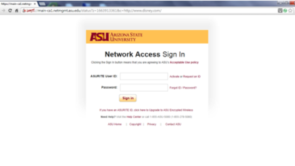 Desktop view of &quot;asu&quot; WiFi registration screen