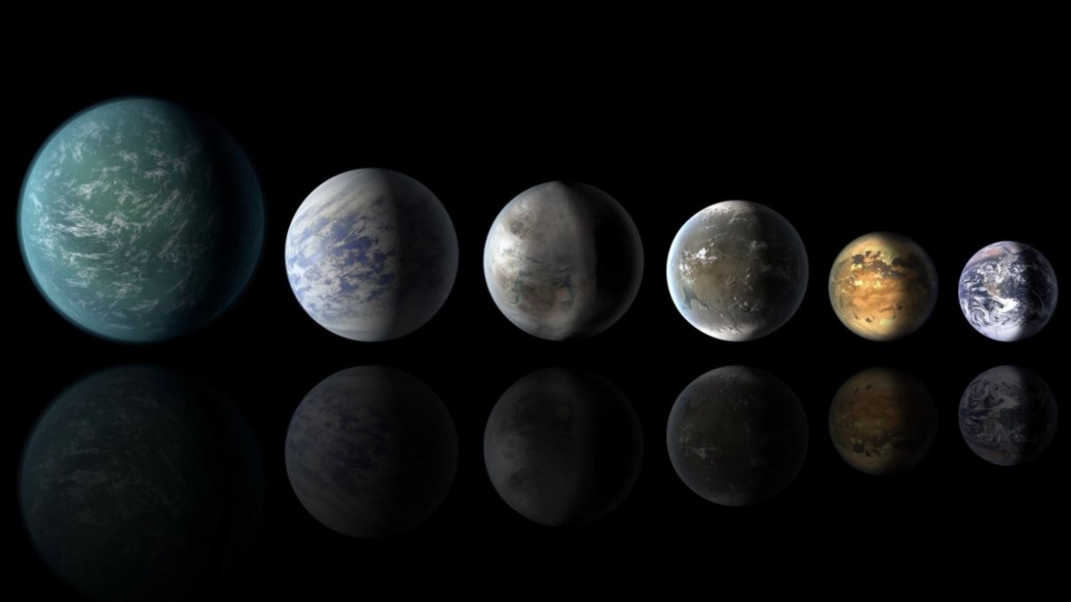 Artist's conception of a planetary lineup showing habitable-zone exoplanets with similarities to Earth, featured on the far right.