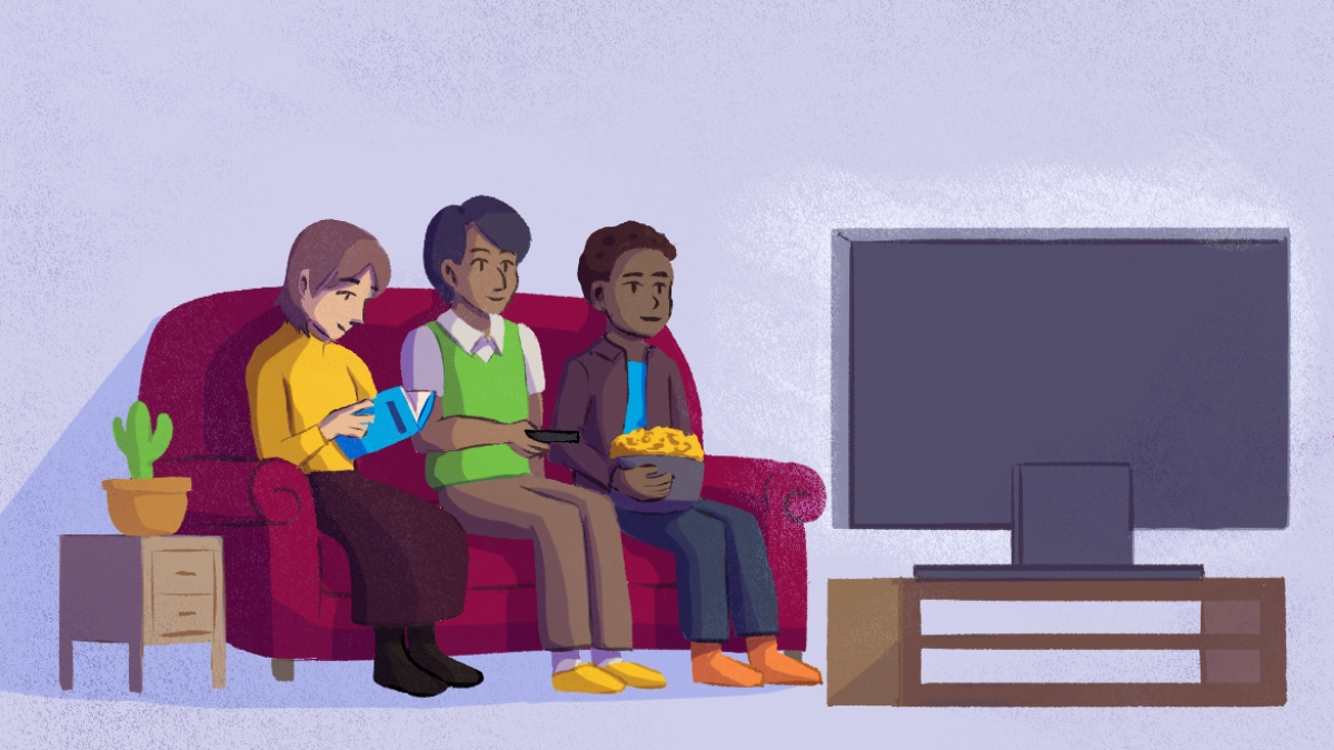Illustration of three young people sitting on a couch. One has a book open in his lap, one holds a TV remote and one holds a bowl of popcorn as they look toward a TV screen.