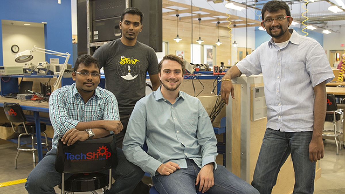 The co-founders of Neolight, left to right: Sivakumar Palaniswamy, Deepak Krishnaraju, Chase Garrett and Vivek Kopparthi at TechShop, located in ASU’s Chandler Innovation Center. Photographer: Hayden Taylor/ASU