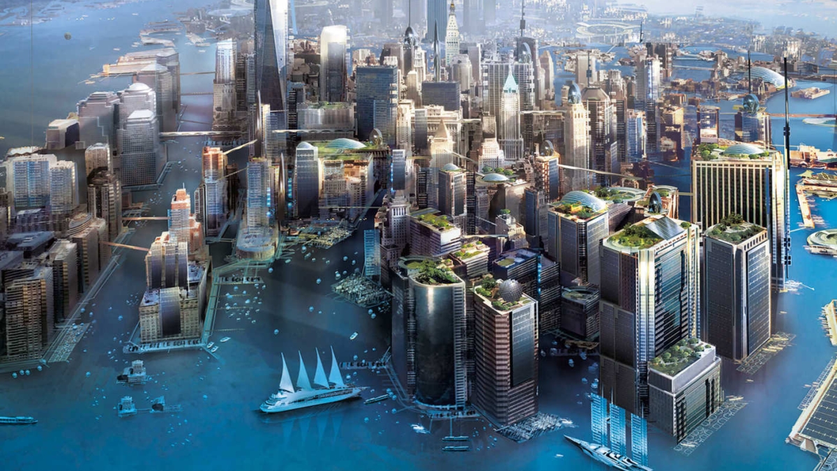 Cover image from Kim Stanley Robinson's "New York 2140," showing New York City from a helicopter's-eye view after a 50-foot sea level rise.