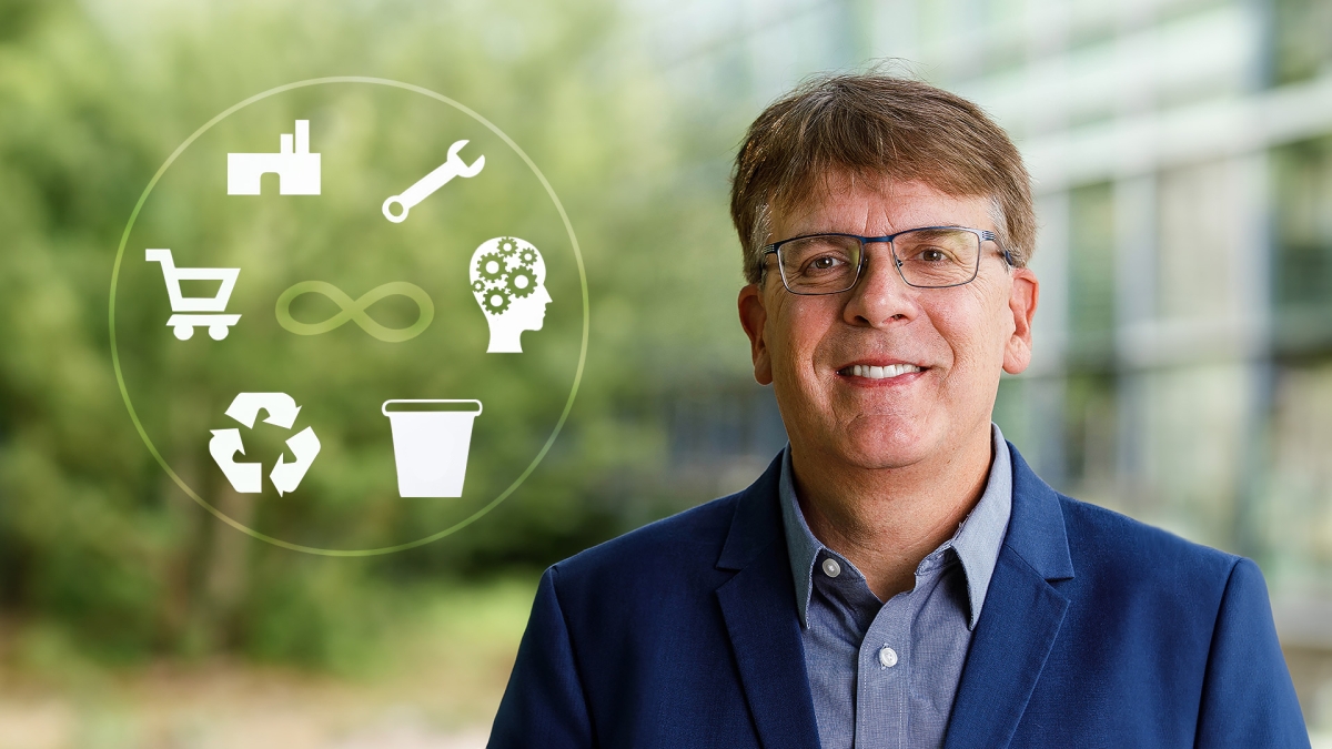 Portrait of ASU Professor Tim Long with graphic elements representing a circular economy.