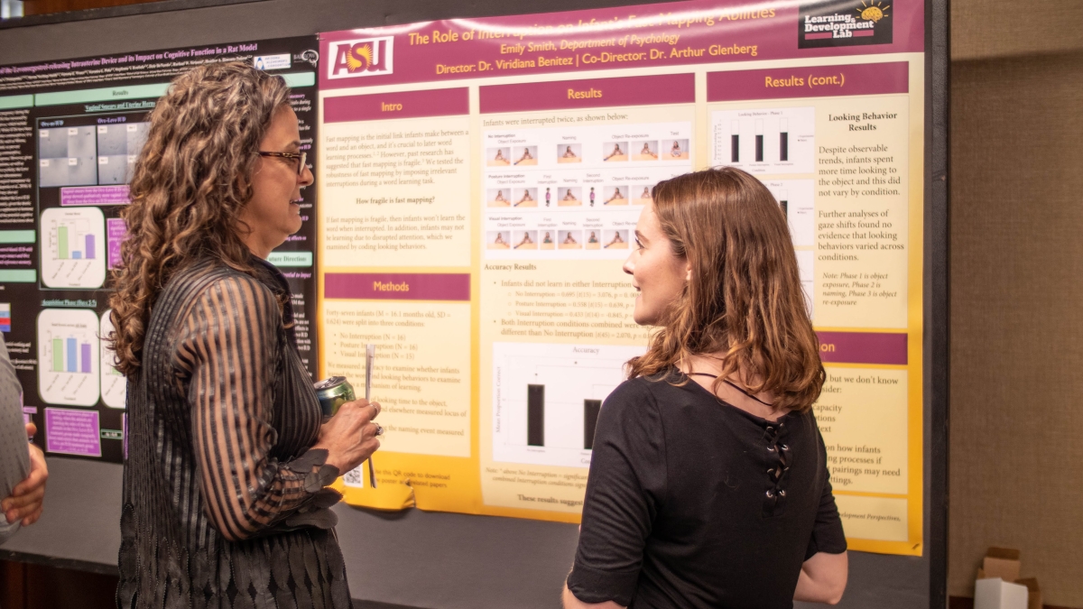 two women speaking in front of a research poster