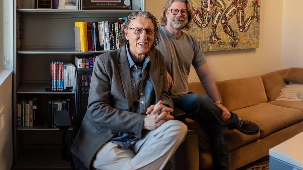 Portrait of ASU President's Professor Douglas Kenrick and ASU psychology department program manager Dave Lundberg-Kenrick.
