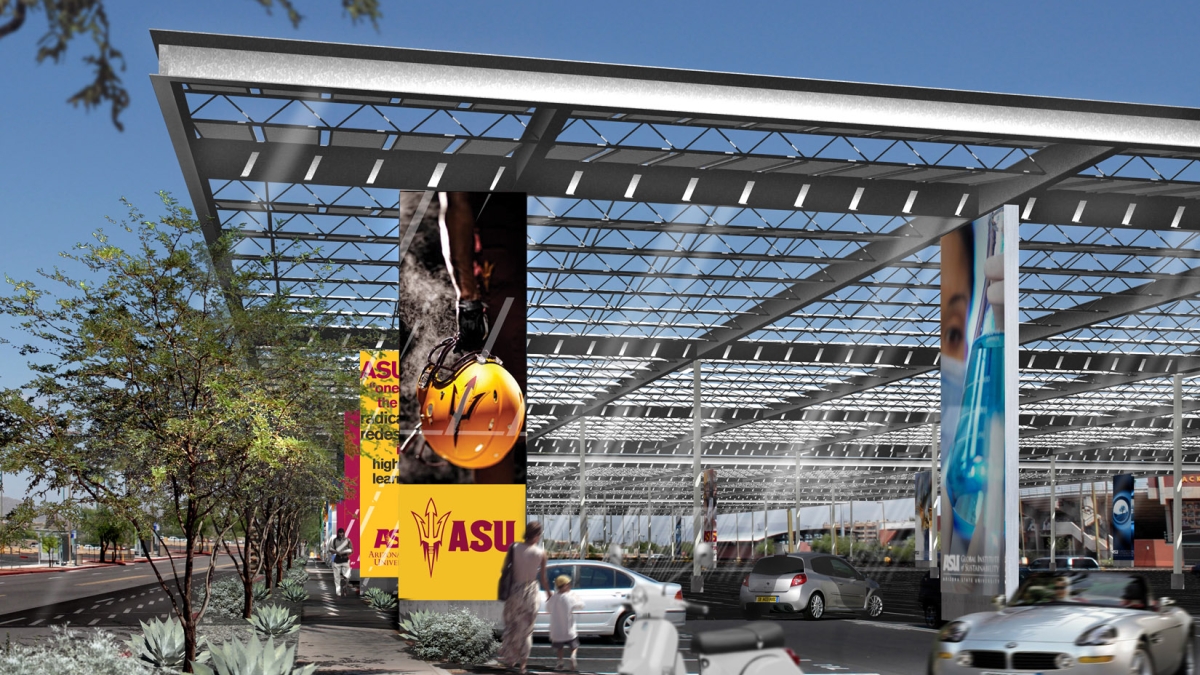 An architect&#039;s rendering of a parking lot solar shade structre.