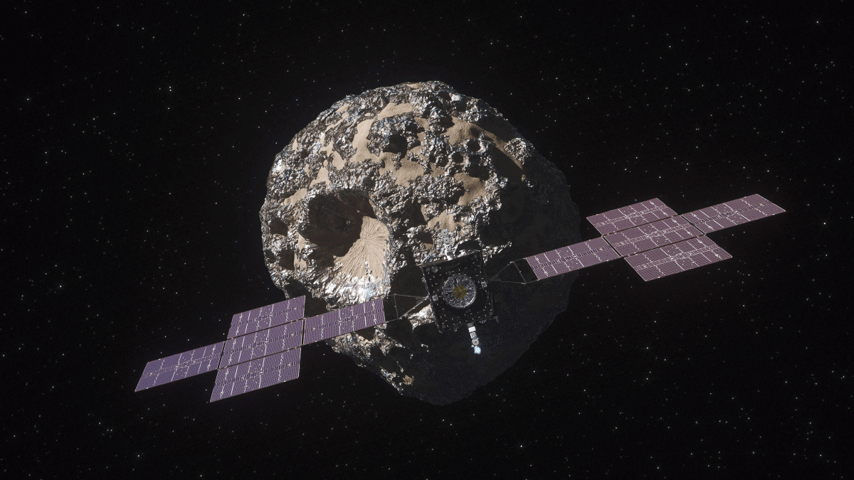 An illustration of the Psyche spacecraft in front of an asteroid