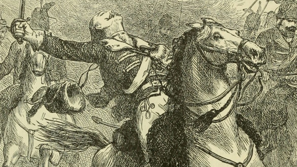 Engraving of Casimir Pulaski wounded at Battle of Savannah