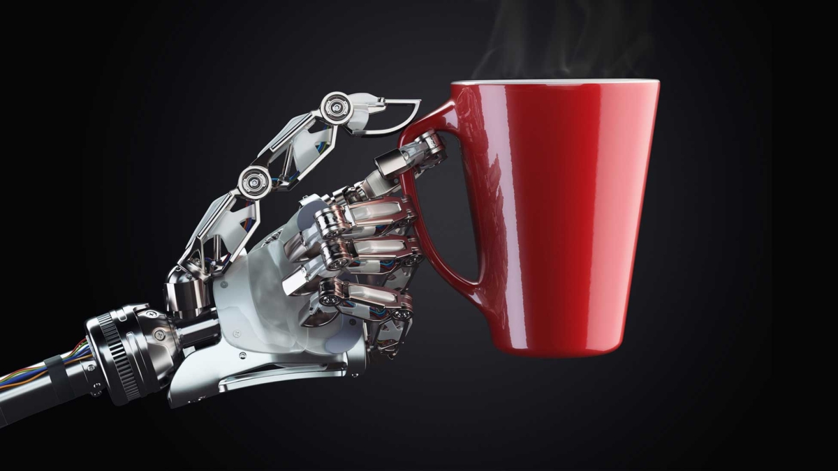 A robotic hand holds a steaming mug of coffee