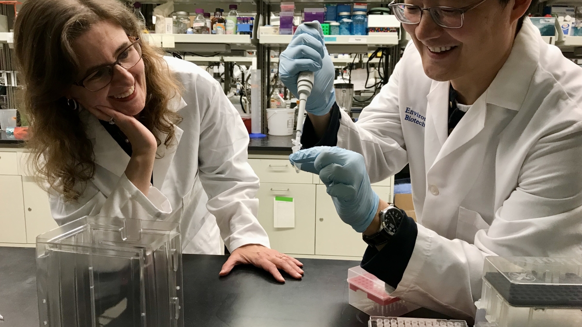 ASU Professor Rosa Krajmalnik-Brown and Assistant Professor Daewook Kang wearing white lab coats in a lab setting. 