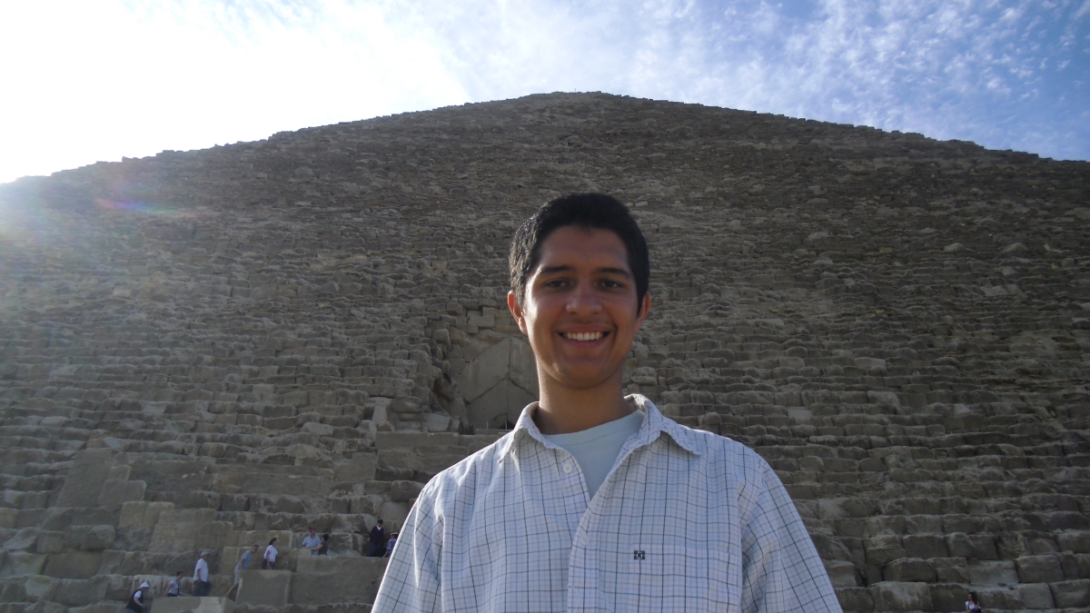 Matt Scarvie in front of the pyramids.