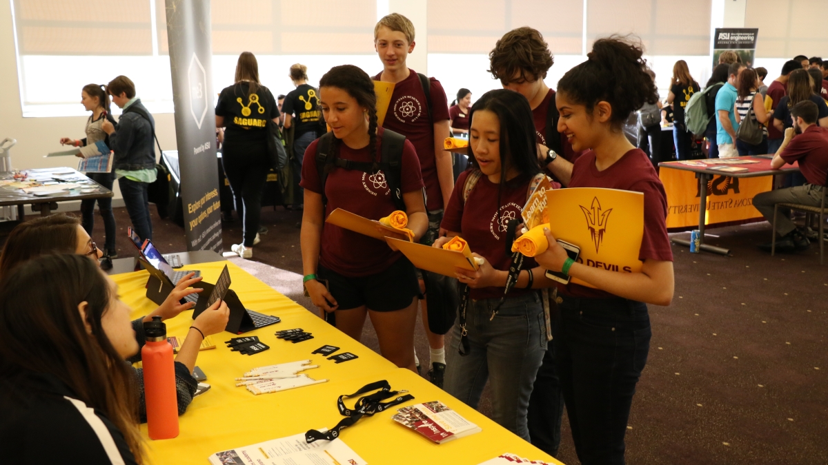 Participants at the Science Olympiad learn about ASU resources