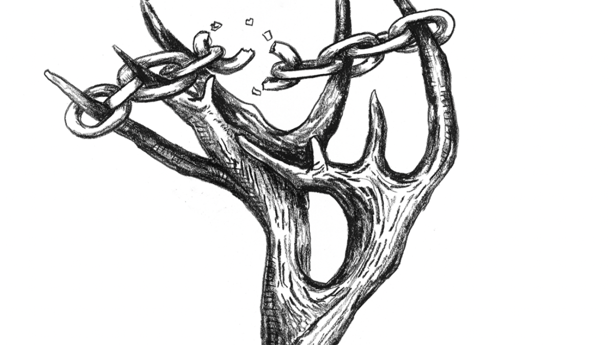 Illustration of antlers with a broken chain stuck on them.