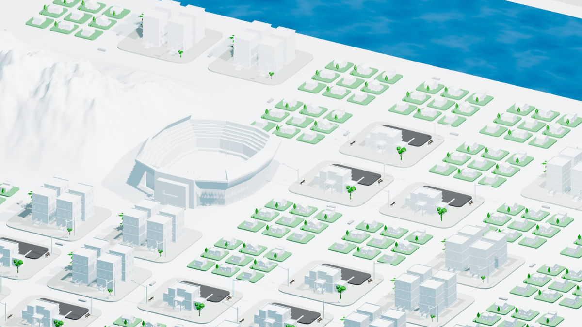 A stylized computer rendering of Tempe, featuring "A" Mountain, Sun Devil Stadium and Tempe Town Lake.